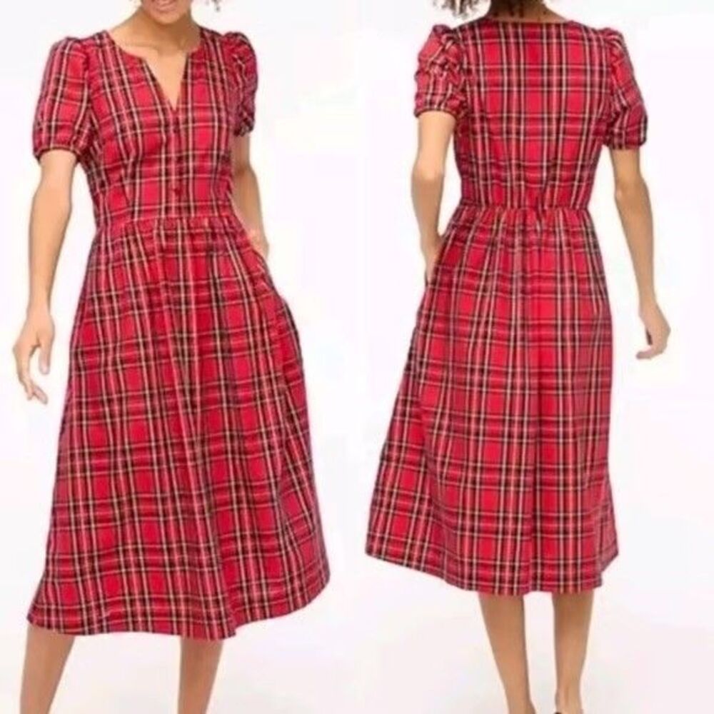 J. Crew‎ Stewart Tartan Plaid Midi Dress Sz 12 Red Puff Sleeve Seam Pocket